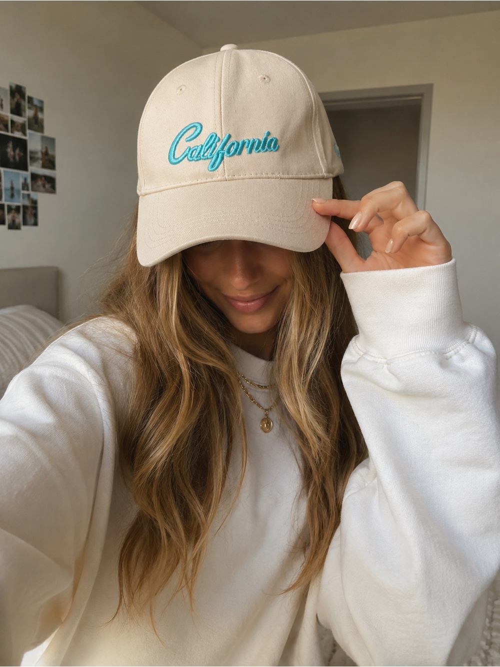 NWOT Cream Baseball Cap with Teal Script 'California' Embroidery